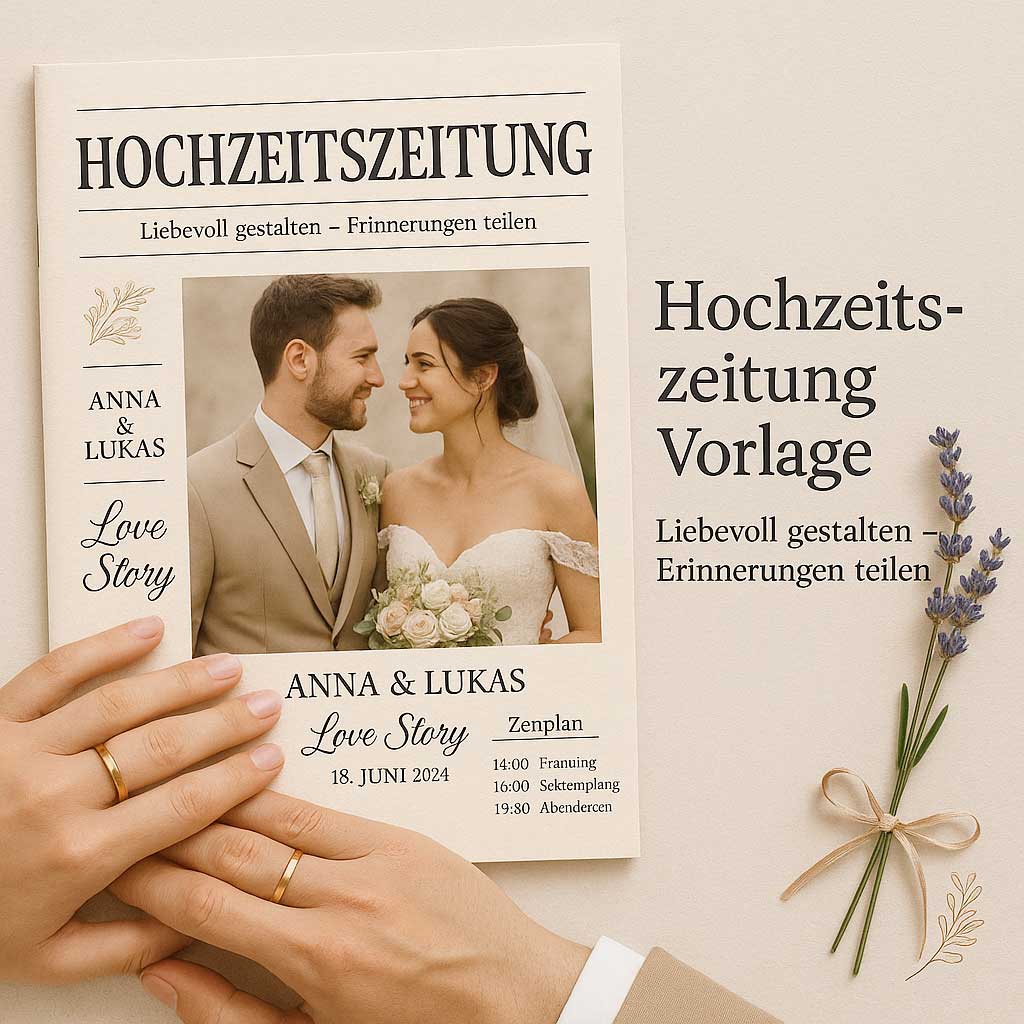 Quadratisches Hero-Bild einer Hochzeitszeitung-Vorlage mit Brautpaar, Titel ‚Hochzeitszeitung‘ und romantischen Details auf cremefarbenem Hintergrund.