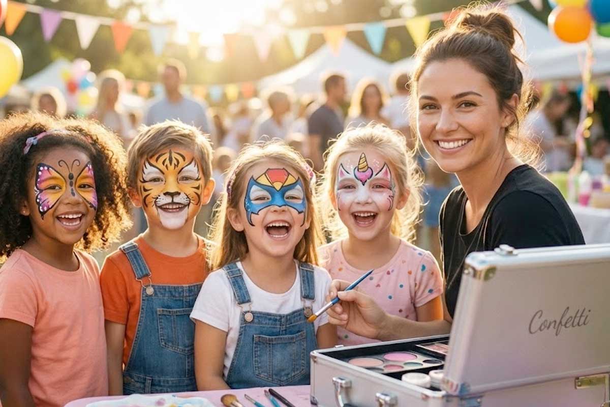 Professionelles Kinderschminken auf einer Hochzeit im Rhein-Ruhr-Gebiet mit fröhlichen Kindern und Schminkkünstlerin von Confetti