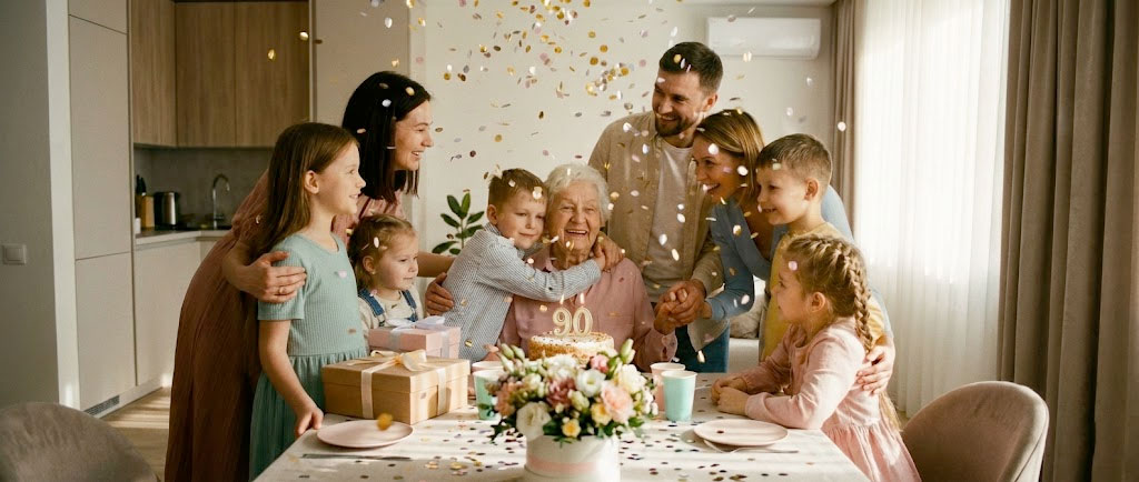 Familie feiert einen 90. Geburtstag mit Geschenken am Tisch
