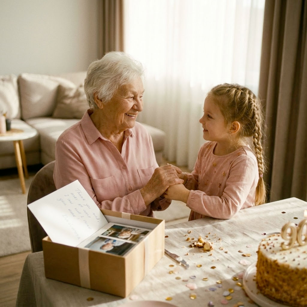 Enkelin freut sich mit ihrer 90-jährigen Großmutter über ein persönliches Geschenk am Geburtstagstisch mit Torte.
