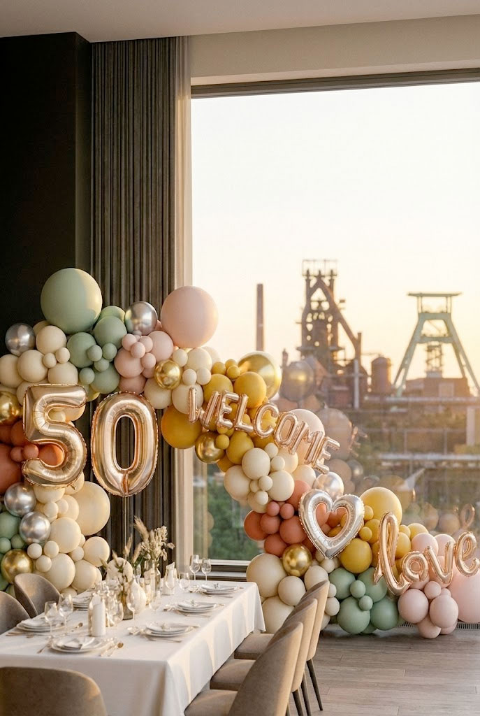 Elegante Ballongirlande mit Zahl 50 und Schriftzügen Welcome und Love in Pastell- und Goldtönen vor Industriekulisse in Duisburg, festlich gedeckter Tisch.