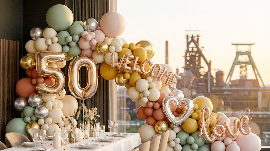 Elegante Ballondekoration in Pastell- und Goldtönen mit der Zahl 50 vor Industriekulisse in Duisburg, festlich gedeckter Tisch für Geburtstag oder Hochzeit.