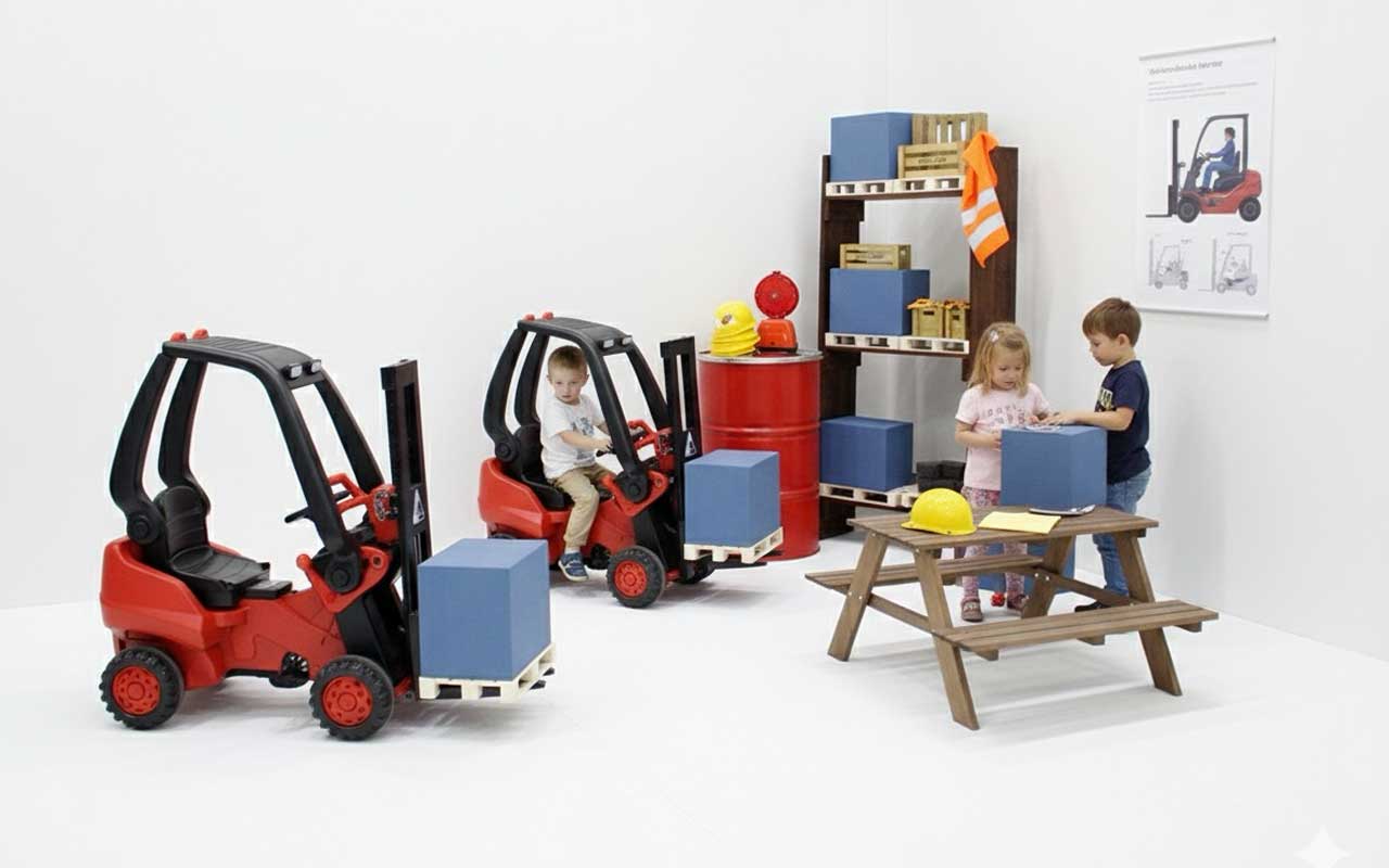 Kinder-Gabelstapler-Parcours von Confetti.de auf der SPIEL Essen 2025 – Stapeln wie die Großen