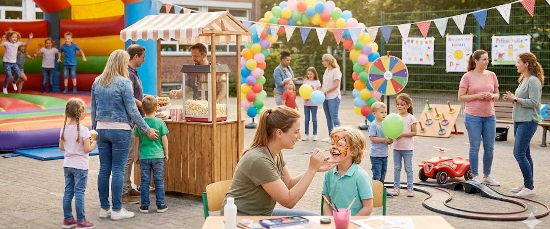 Schulfest an einer Grundschule mit Hüpfburg, Ständen und fröhlichen Kindern auf dem Pausenhof