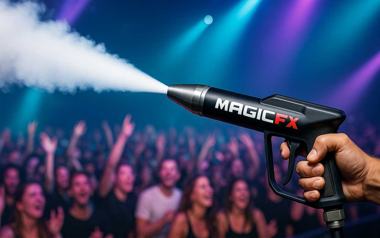 MagicFX CO2 Gun sprüht weißen Nebel in eine feiernde Clubmenge unter blau-magenta Bühnenscheinwerfern