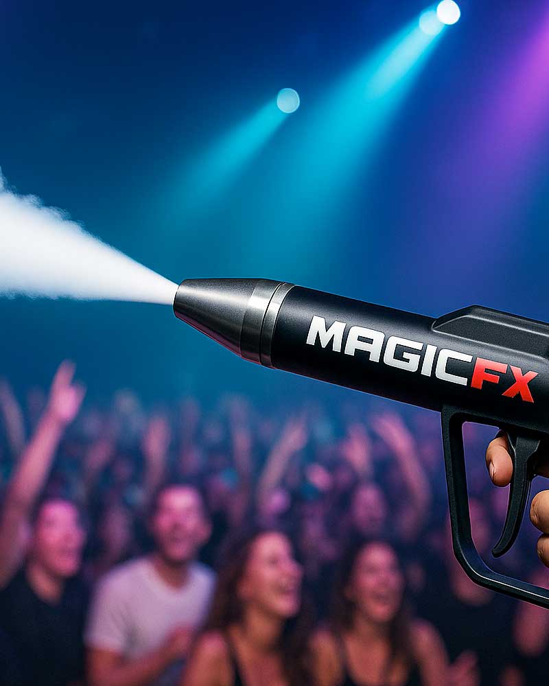 MagicFX CO2 Gun sprüht weißen Nebel in eine feiernde Clubmenge unter blau-magenta Bühnenscheinwerfern