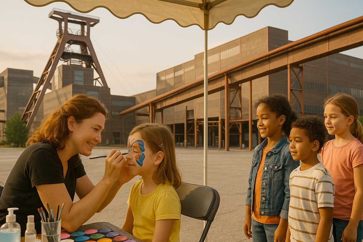 Kinderschminken in Essen an der Zeche Zollverein: Künstlerin malt Schmetterling, Kinder warten, Förderturm im Hintergrund.