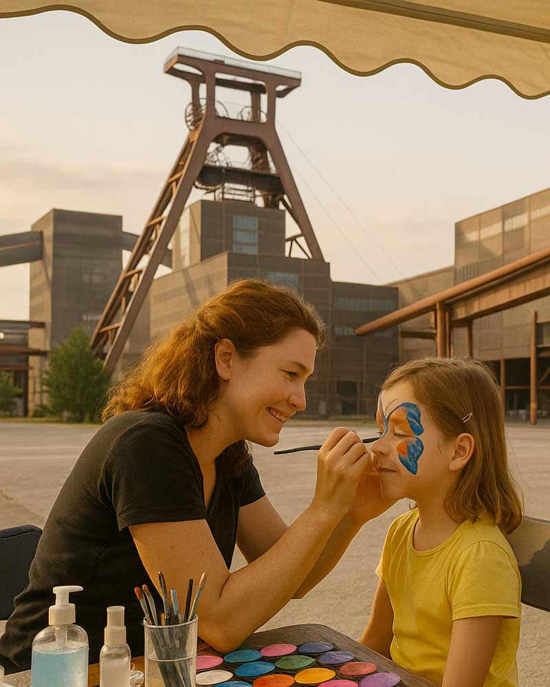 Kinderschminken in Essen an der Zeche Zollverein: Künstlerin malt Schmetterling, Kinder warten, Förderturm im Hintergrund.