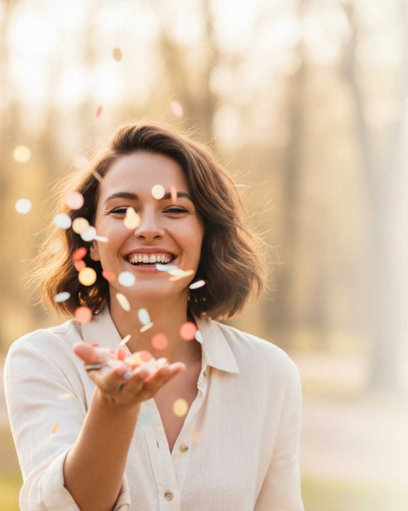 Lächelnde Frau wirft buntes Konfetti in die Luft – Symbol für Freude, Leichtigkeit und Feiern mit Confetti.de