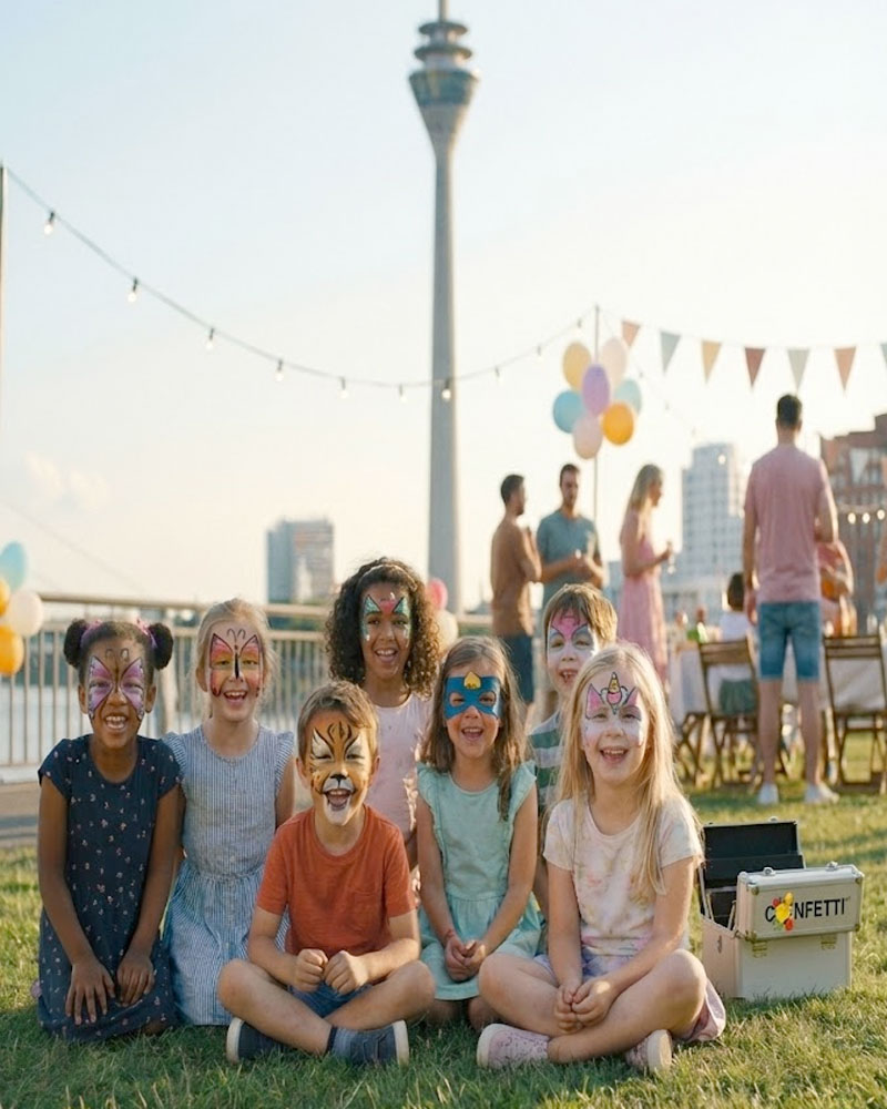 Kinder mit bunt geschminkten Gesichtern lachen bei einem Fest in Düsseldorf