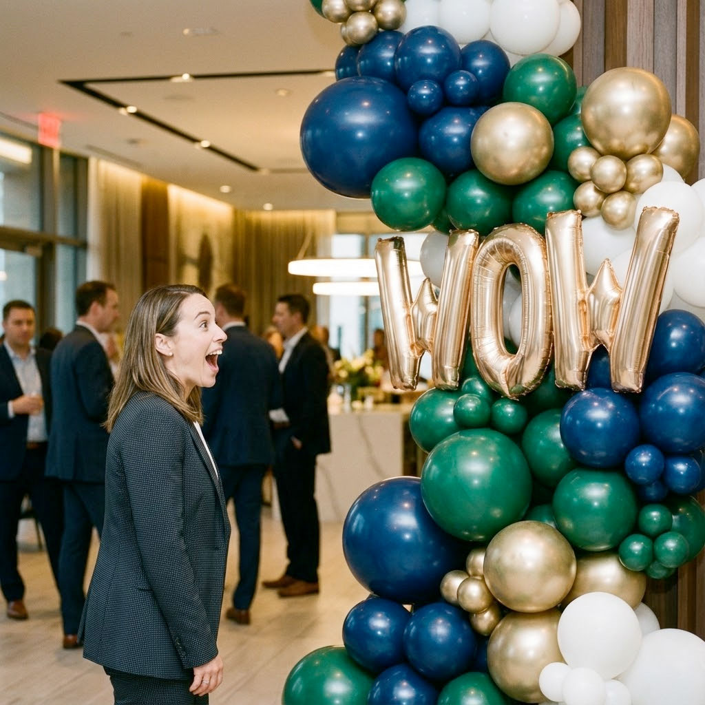 Frau staunt vor Ballongirlande in Blau, Grün, Weiß und Gold mit WOW-Ballonbuchstaben bei einem Business-Event.