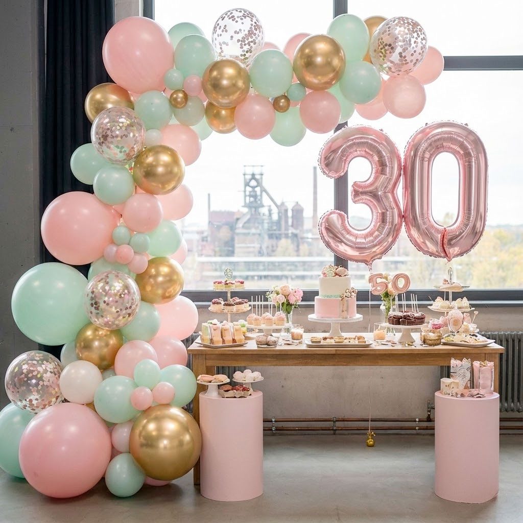 Große Ballongirlande in Rosa, Mint und Gold mit Zahl 30 über einem festlich dekorierten Sweet Table vor Industriekulisse in Duisburg.