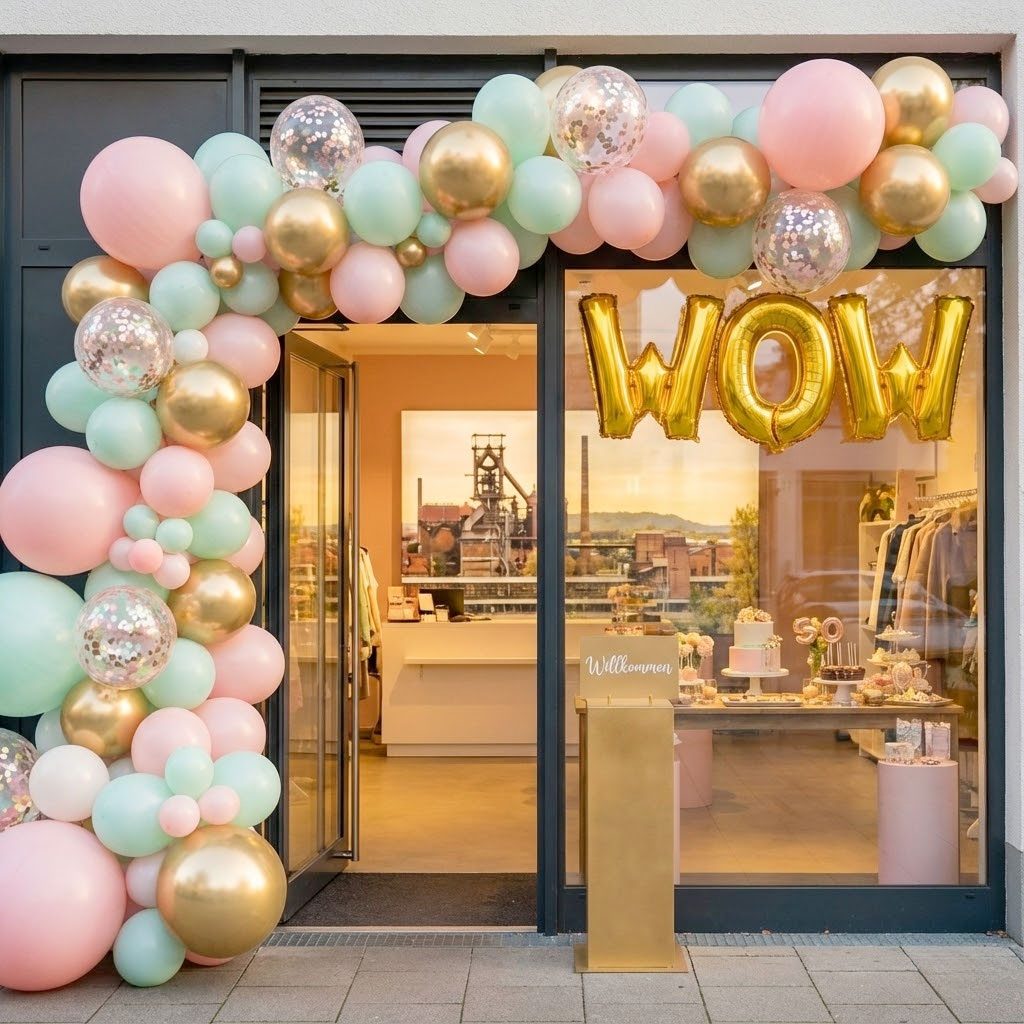 Ballongirlande in Rosa, Mint und Gold dekoriert den Eingang eines Geschäfts in Duisburg mit WOW-Ballonbuchstaben im Schaufenster.