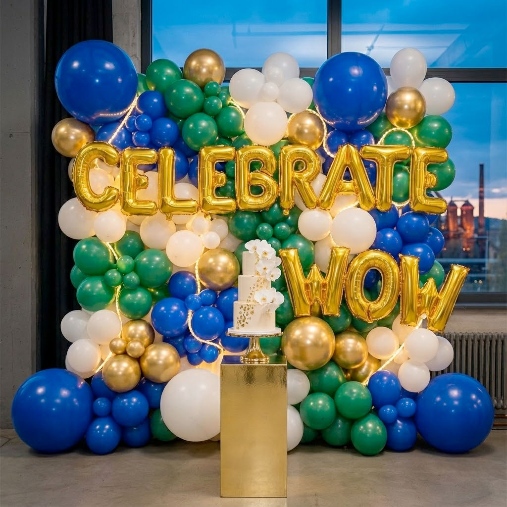 Farbige Ballonwand in Blau, Grün, Weiß und Gold mit Schriftzug Celebrate Wow und eleganter Torte davor bei einer Veranstaltung in Duisburg.