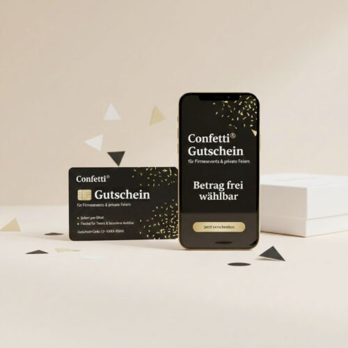 Confetti® Gutschein für Firmenevents & private Feiern als Premium-Karte neben Smartphone im Studio-Setting.