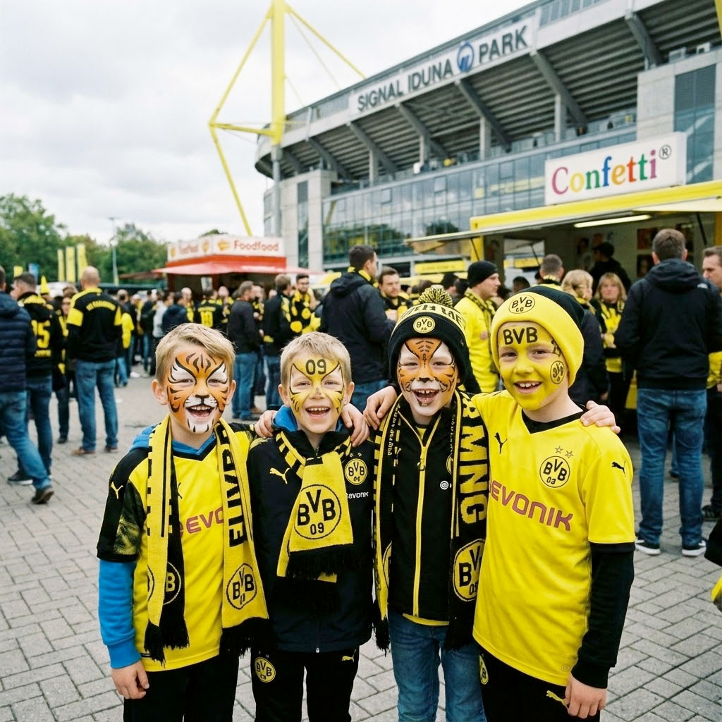 Confetti Kinderschminken für BVB-Kinderfans vor dem Signal Iduna Park in Dortmund