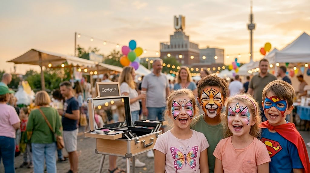 Kinder mit bunt geschminkten Gesichtern lachen bei einem Fest in Dortmund