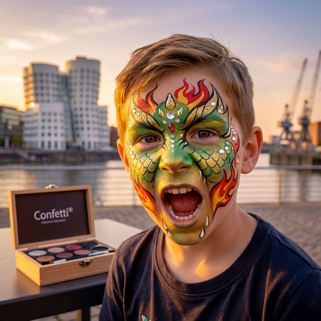 Junge mit spektakularem Drachen-Kinderschminken am Hafen in Düsseldorf