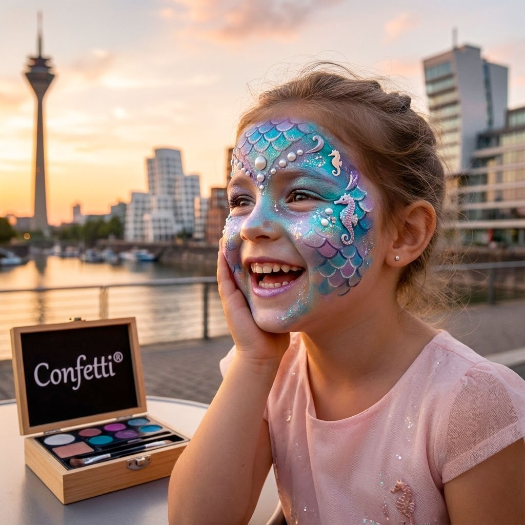 Mädchen mit glitzerndem Meerjungfrauen-Kinderschminken lacht im Medienhafen in Düsseldorf