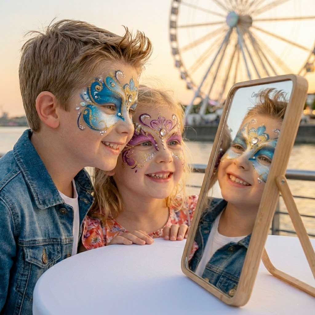 Zwei Kinder mit glitzerndem Kinderschminken betrachten sich lachend im Spiegel am Rheinufer in Düsseldorf