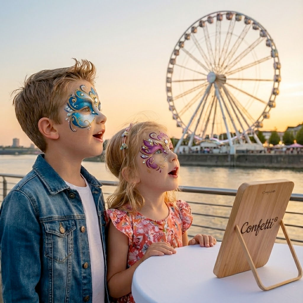 Zwei Kinder mit glitzerndem Kinderschminken staunen am Rheinufer in Düsseldorf vor einem Riesenrad