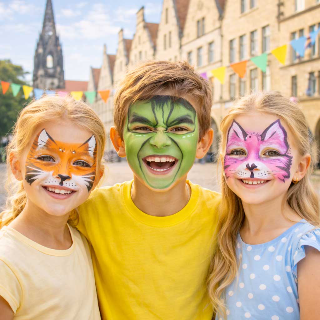 Kinderschminken in Münster am Prinzipalmarkt – drei Kinder mit Fuchs-, Hulk- und Katzen-Motiv vor St.-Lamberti.