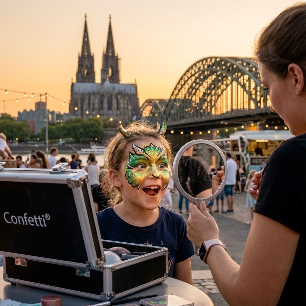 Mädchen mit Drachen-Kinderschminken lacht am Rhein in Köln vor Dom und Hohenzollernbrücke