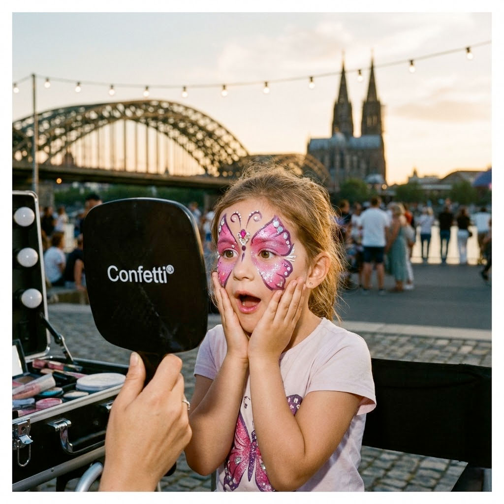 Mädchen mit pinkem Schmetterlings-Kinderschminken staunt vor dem Spiegel am Rhein in Köln