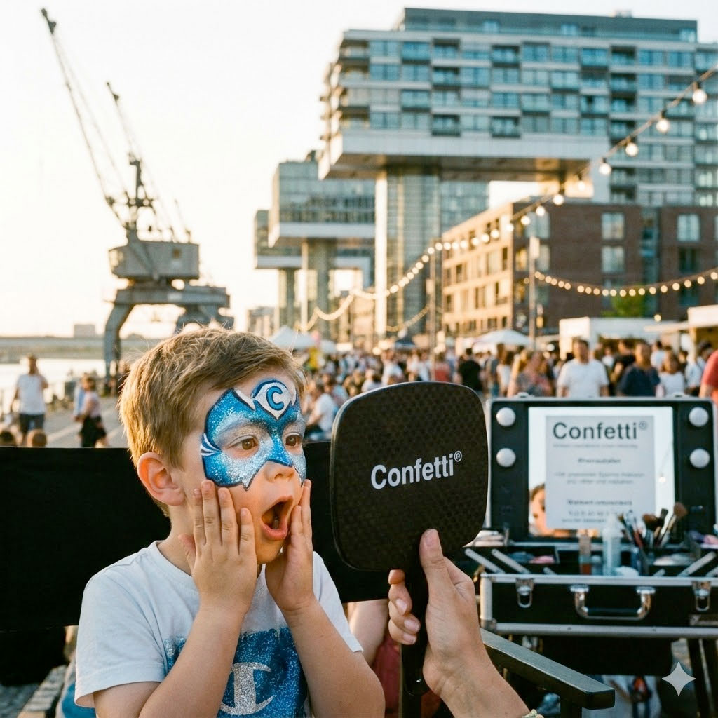 Kind mit blauem Superhelden-Kinderschminken staunt am Rheinauhafen in Köln
