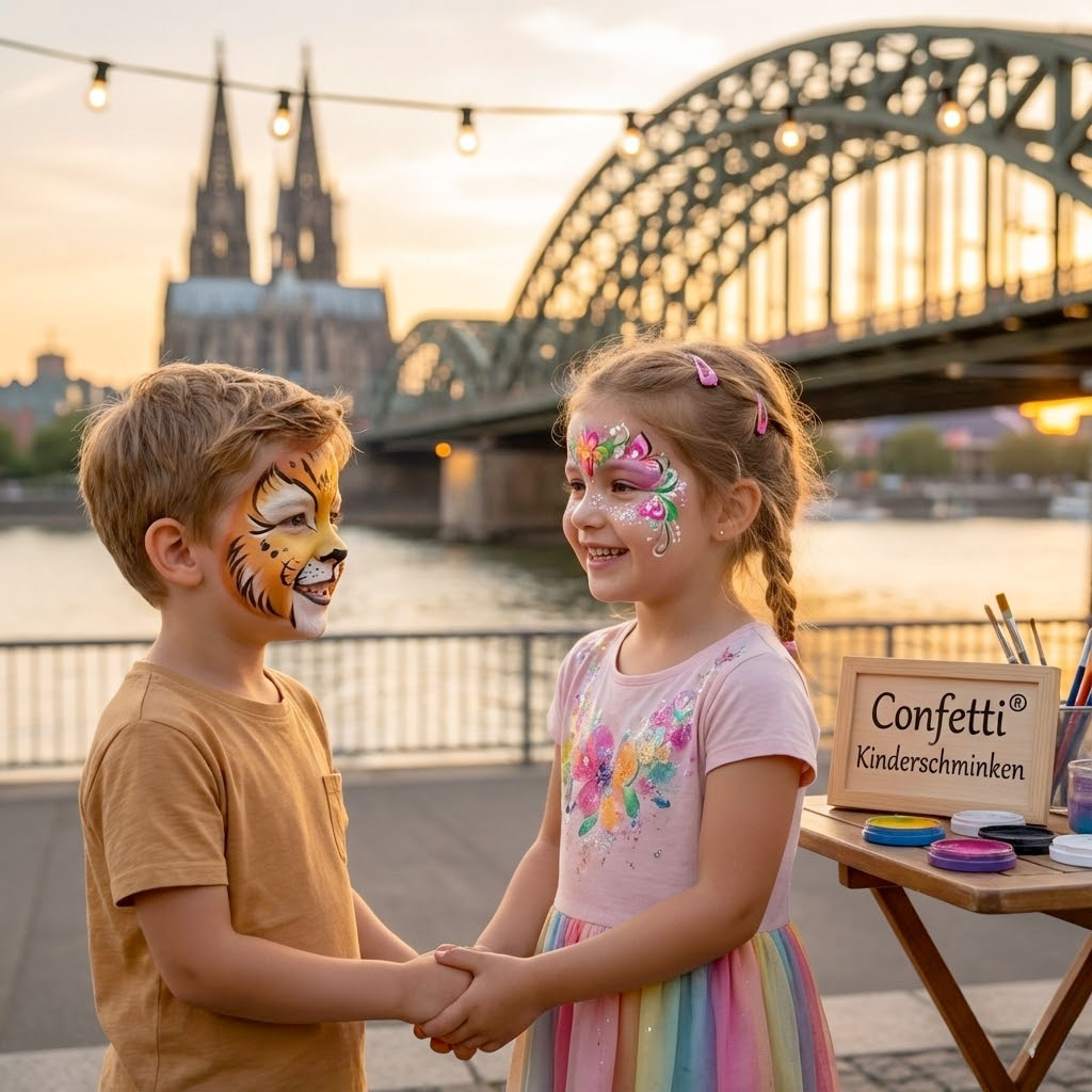 Zwei Kinder mit Tiger- und Feen-Kinderschminken halten sich an den Händen am Rhein in Köln