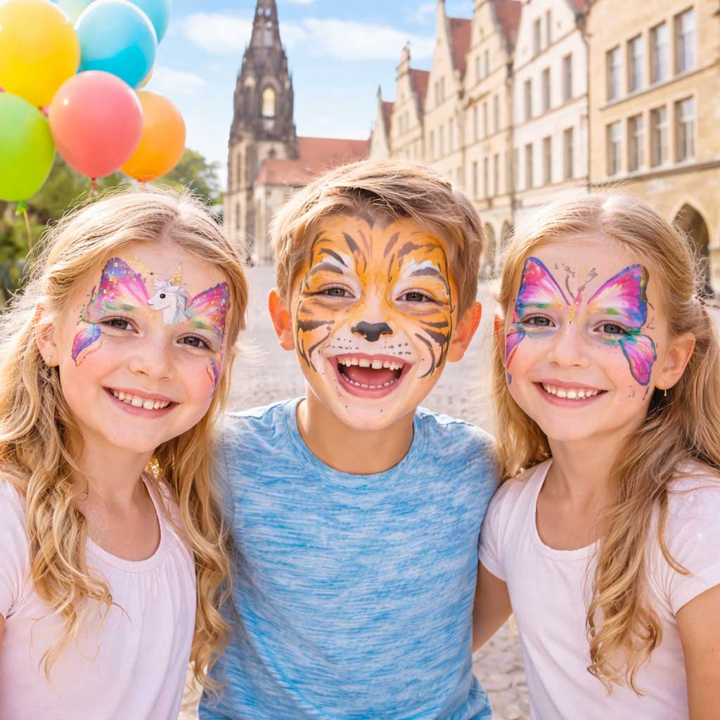 Kinder mit Kinderschminken am Prinzipalmarkt in Münster vor St.-Lamberti-Kirche.