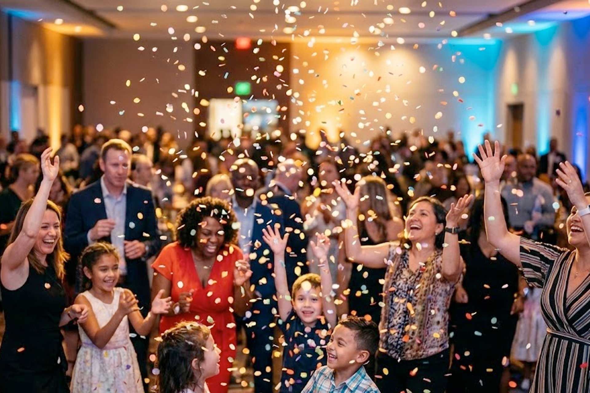 Menschen feiern einen besonderen Konfetti-Moment mit buntem Slow-Fall-Konfetti auf einem Event