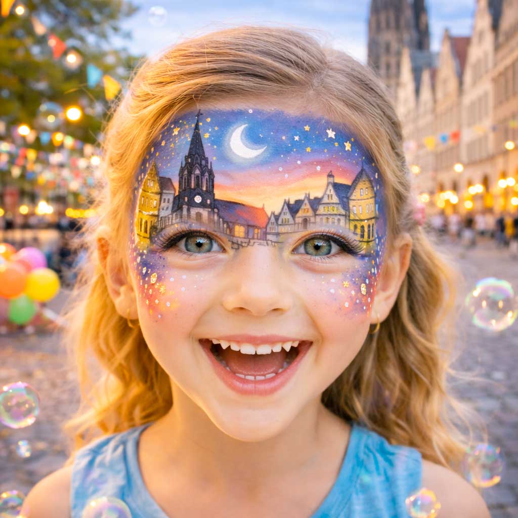 Kinderschminken in Münster – lachendes Mädchen mit Prinzipalmarkt-Schminkmotiv vor historischer Altstadt.