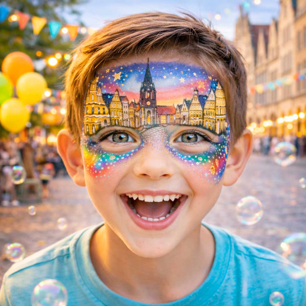 Kinderschminken Münster: Junge mit Prinzipalmarkt-Schminkmotiv auf der Stirn, im Hintergrund historische Altstadt.